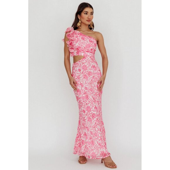 saints + secrets Sz. XL Floral Pink Deanna One-Shoulder Ruffle Maxi Dress - Picture 1 of 15
